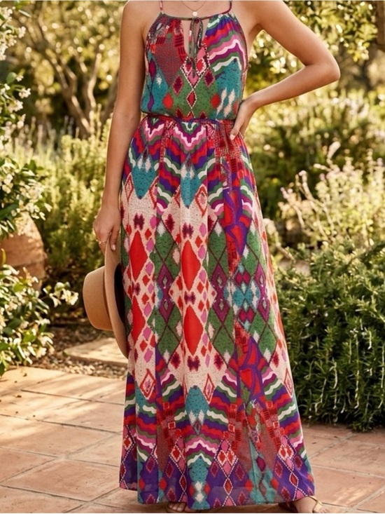 Maeve Dresses & Skirts - Maeve “Tarana” Multicolor Diamond-Print Halter Maxi Dress. Summer flowy chic